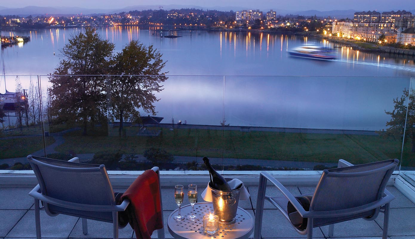 romantic view of Victoria's Inner Harbour from the Inn at Laurel Point