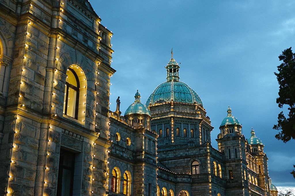 Victoria B.C.'s parliament buildings illuminated by thousands of lights