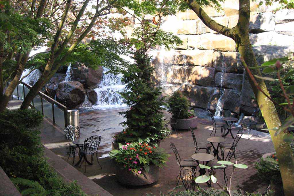 Waterfall Garden Park provides a calm oasis in the heart of the city. Credit: Basic Sounds