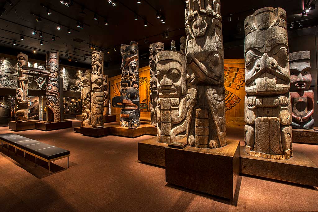 Colossal carvings from Kwakwaka’wakw, Heiltsuk, Nuxalk, Gitxsan, Haida and Nuu-chah-nulth communities evoke the grandeur of 19th-century coastal villages. Photo: Royal British Columbia Museum