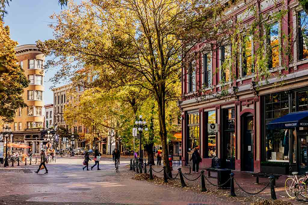 Explore the tree-lined streets of historic Gastown. Credit: Tourism Vancouver