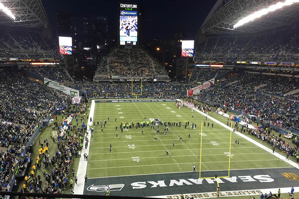 Game time! Enjoy sweeping views of CenturyLink field and the Seahawks as the crowd roars all around. Credit: Dale Ryan