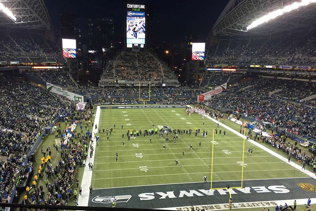 Game time! Enjoy sweeping views of CenturyLink field and the Seahawks as the crowd roars all around. Credit: Dale Ryan