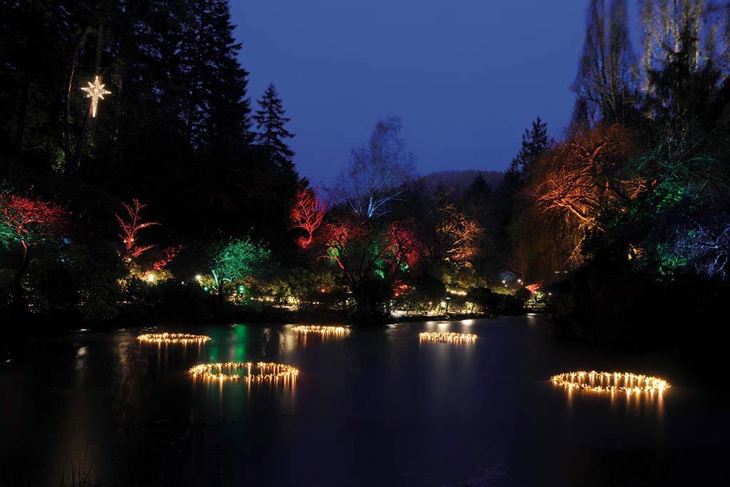 Five golden rings light up the Sunken Garden lake. Credit: The Butchart Gardens
