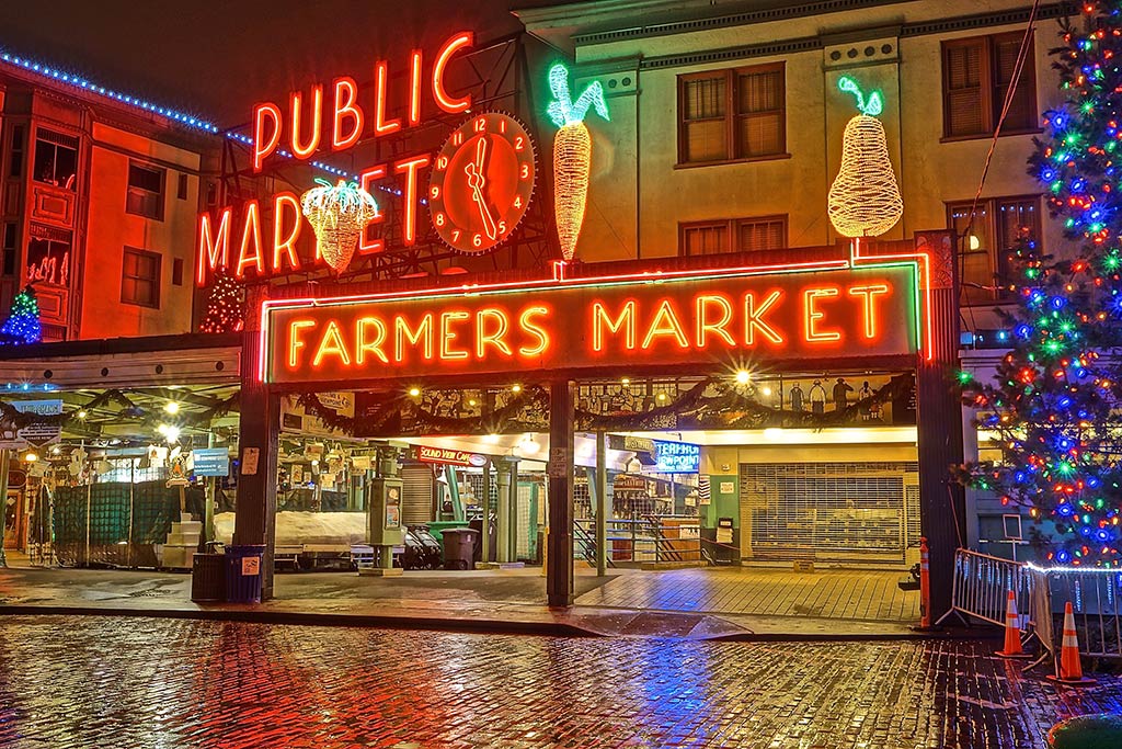 A dazzling array of lights illuminate Pike Place Market. Credit: Sorin Gabu