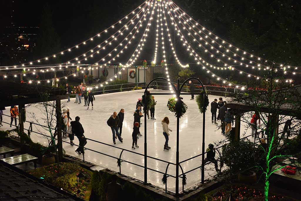 Butcharts’ frosty skating rink offers no shortage of holiday cheer. Credit: The Butchart Gardens