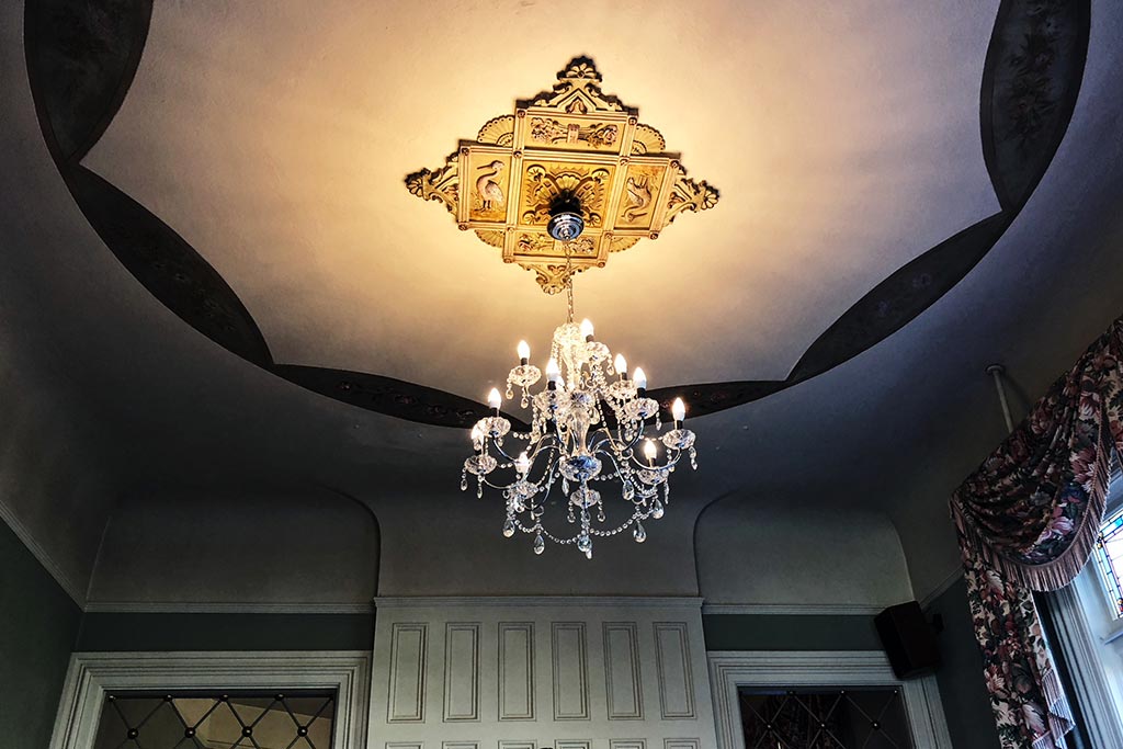Don't miss the stunning chandeliers hanging from the tea house ceiling. Credit: Scott Meis