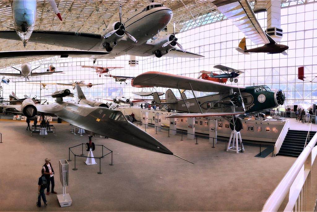 The museum’s Great Gallery is a six-story, glass-and-steel exhibit hall containing 39 full-size historic aircraft. Credit: Chris Blakeley