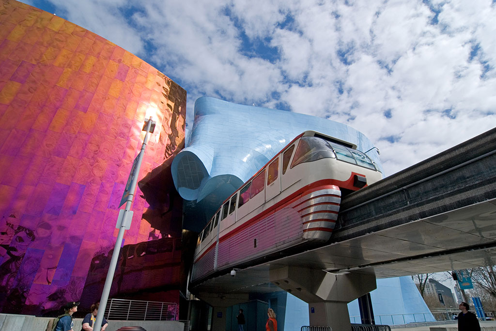 Cruise through the colorful Museum of Pop Culture, which is said to resemble a smashed guitar from above, on the Seattle Monorail.