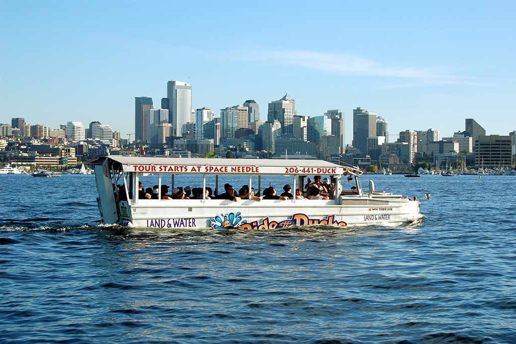 Glide downtown Seattle on an amphibious vehicle. Credit: Ride the Ducks Seattle Tour