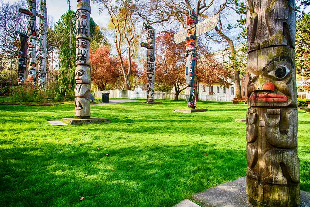 Check out all the stunning totems in the peaceful Thunderbird Park: Credit: Destination Greater Victoria