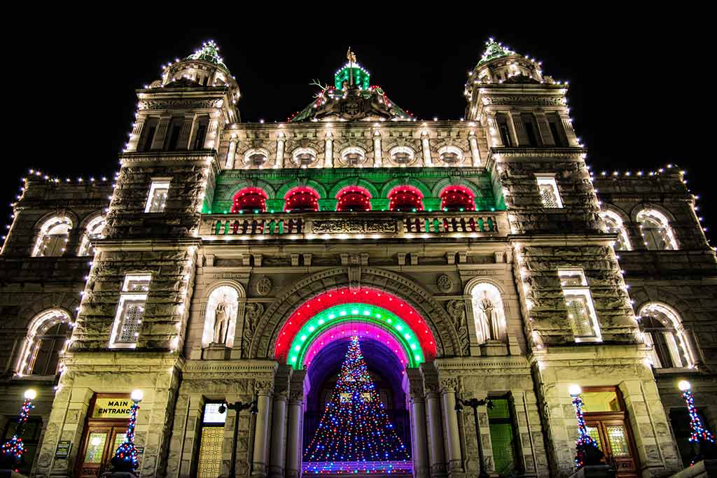 See Victoria's historic buildings dressed up in festive decor. Credit: Destination Greater Victoria