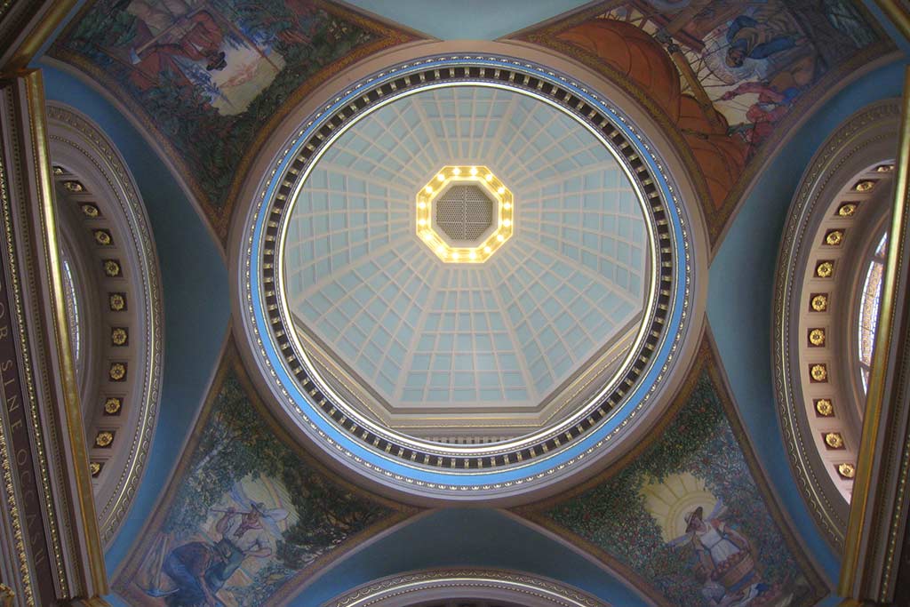 The four images painted on the ceiling of the rotunda by George Southwell in the 1940s to celebrate the four primary industries of the province at the time. Credit: Marion Kenny