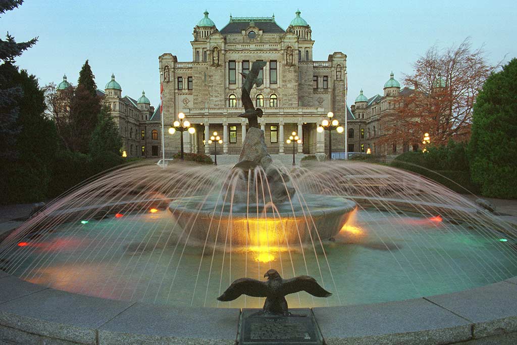 Wander behind the Parliament Buildings to catch sight of the Centennial Fountain. Credit: The Legislative Assembly of British Columbia