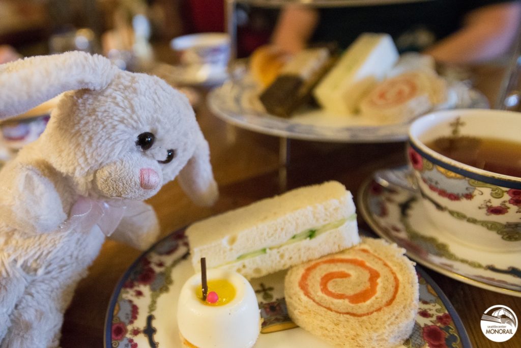 Bunny enjoying an authentic British Afternoon Tea experience, complete with scones, pastries, savories and tea sweets at The Fairmont Empress Hotel