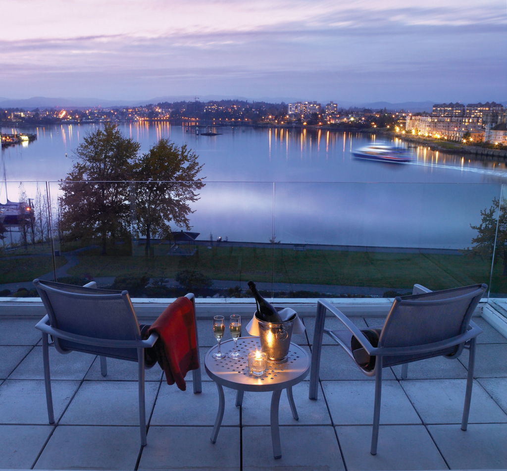 Sparkling waters span out in front of the Pacific-Rim inspired Inn at Laurel Point.
