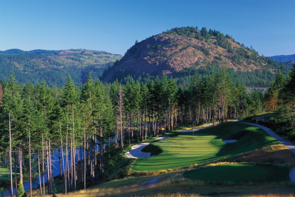 The popular and rugged Mt. Finlayson towers behind the Mountain Course’s 16th hole. Photo: Westin Bear Mountain