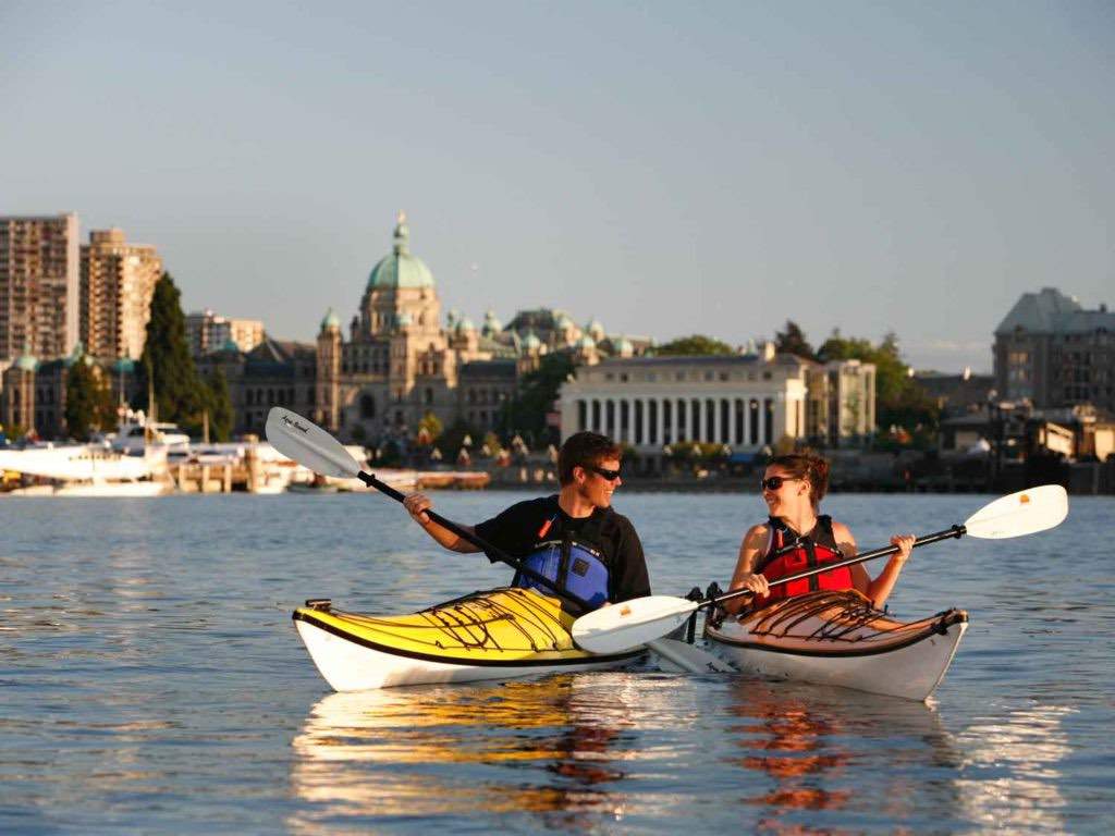 Kayakers in Victoria's Inner Harbour.