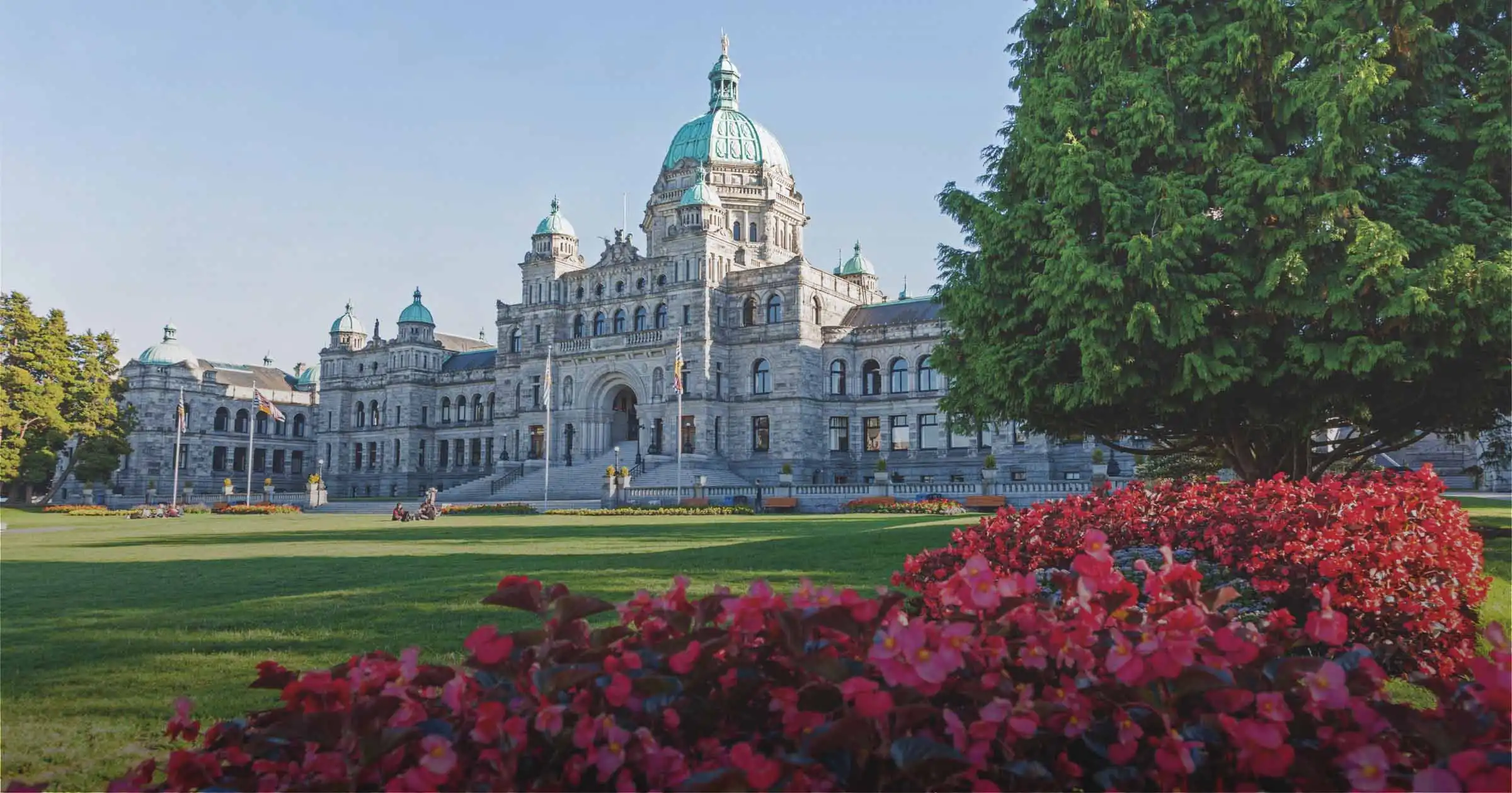 Photo of Victoria BC with flowers in the foreground.