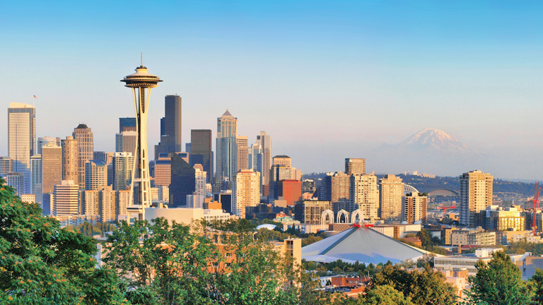 Seattle skyline panorama at sunset as seen from Kerry Park, Seattle, WA